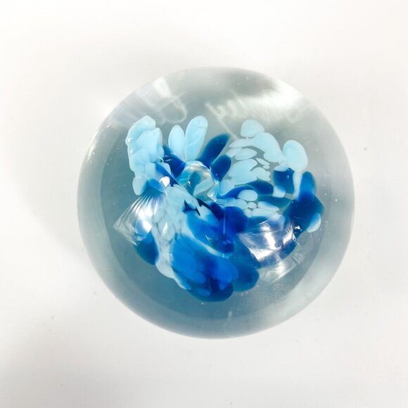 Shirley Elford Art Glass  Blue speckled Flower Paperweight - Picture 5 of 7
